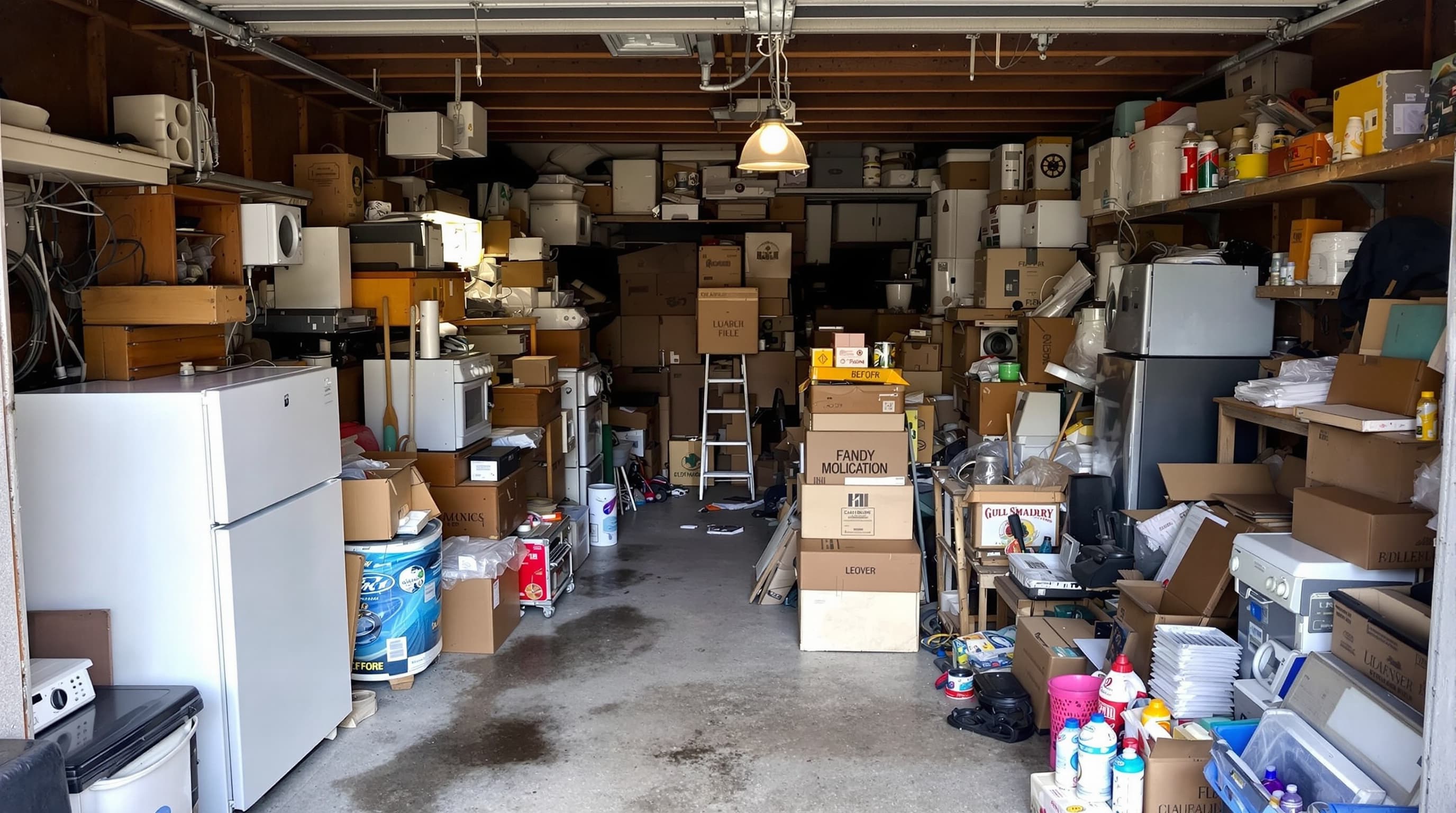 Cluttered garage before removal
